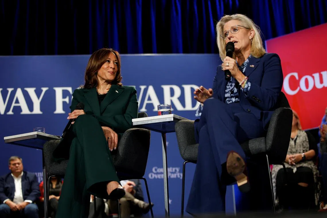 Ms Harris appeared alongside Ms Liz Cheney, who called on undecided voters “to reject the kind of vile vitriol that we’ve seen from Donald Trump.”