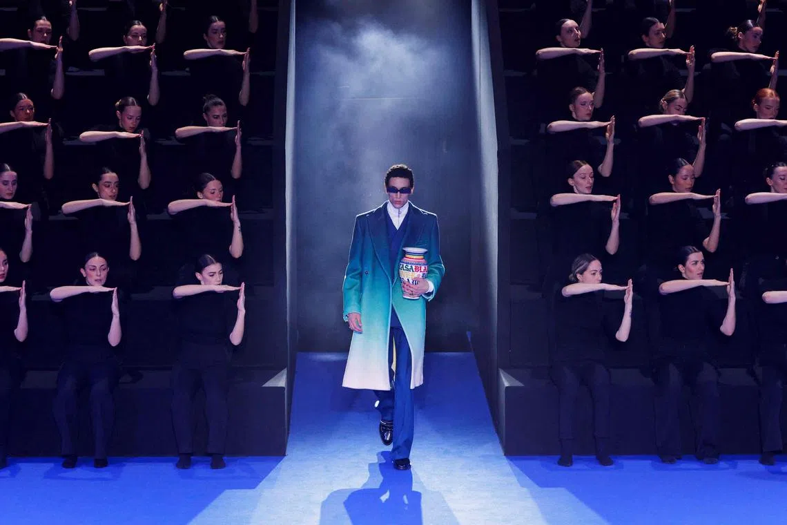 A model presents a creation by Casablanca for the Women Ready-to-wear Fall-Winter 2024/2025 collection as part of the Paris Fashion Week, in Paris on Feb 28.