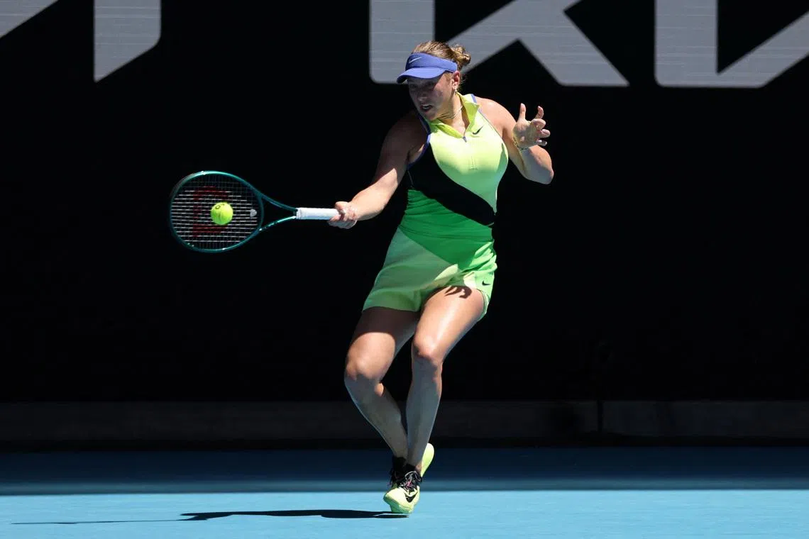 Tennis - Australian Open - Melbourne Park, Melbourne, Australia - January 26, 2026 Amanda Anisimova of the U.S. in action during her fourth round match against China's Xinyu Wang REUTERS/Edgar Su