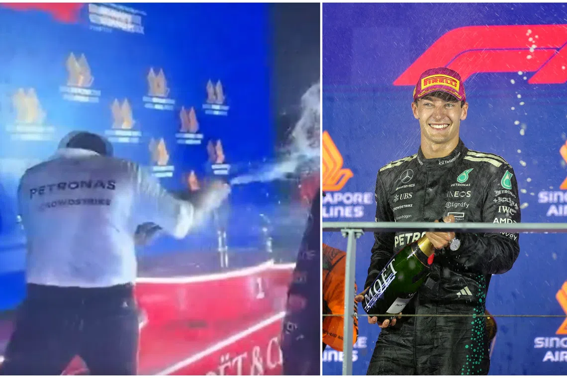 Tengku Muhammad Taufik (left) drew criticism after he was seen on the podium with Formula One Team driver George Russell when champagne was sprayed. 