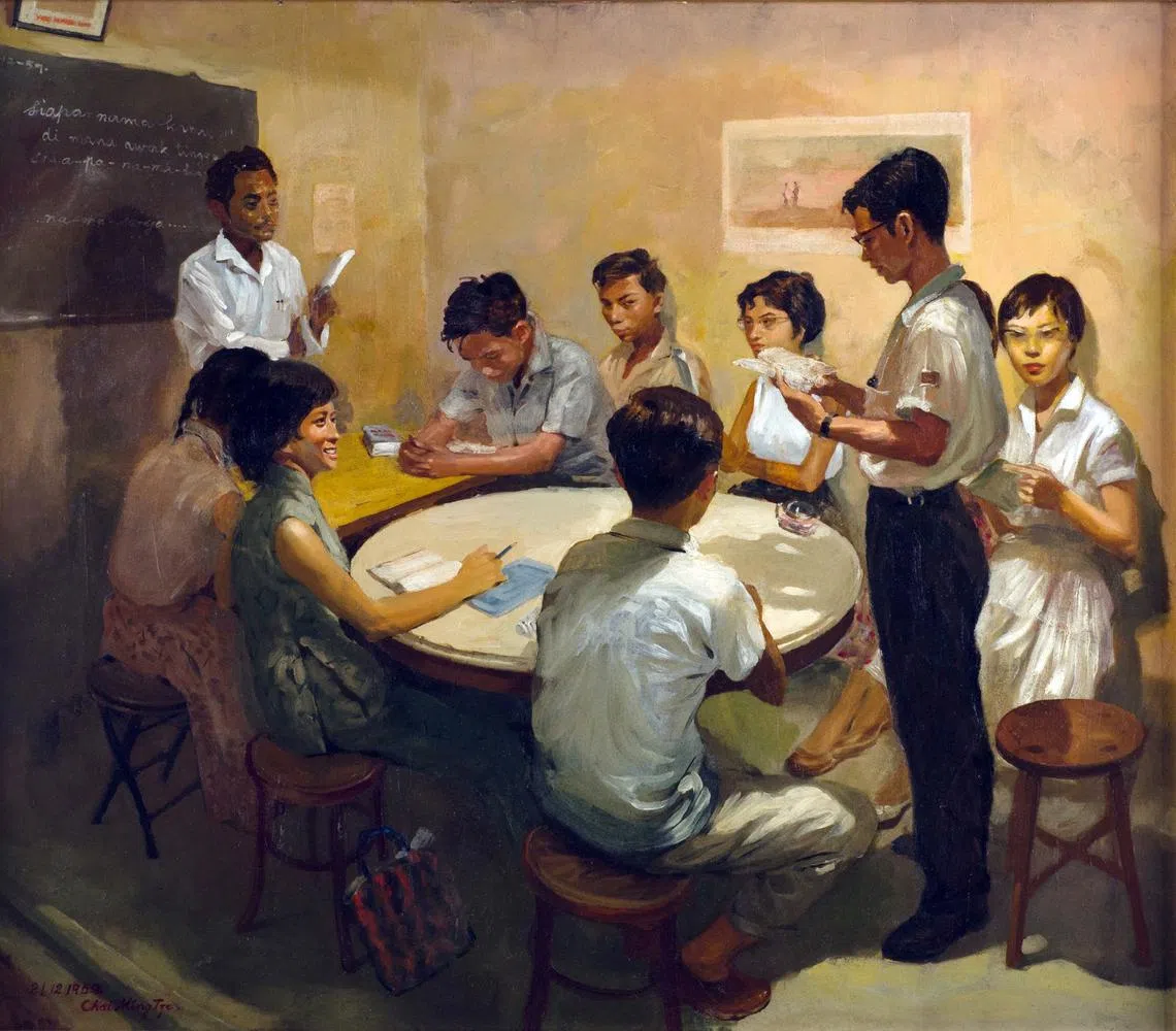 National Language Class (1959), an oil on canvas by Chua Mia Tee.