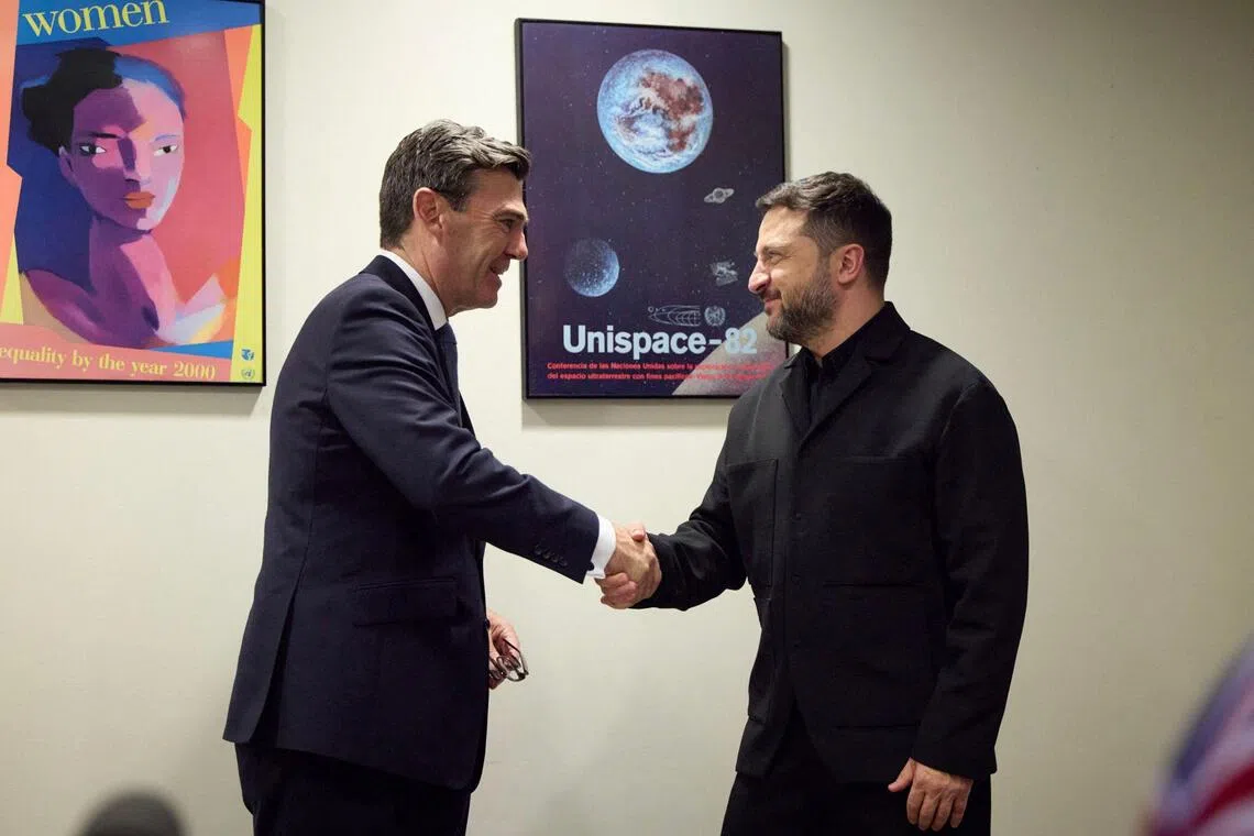 Ukraine’s President Volodymyr Zelensky (right) and Britain’s Prime Minister Andy Burnham at the 81st United Nations General Assembly in New York City on Sept 22.