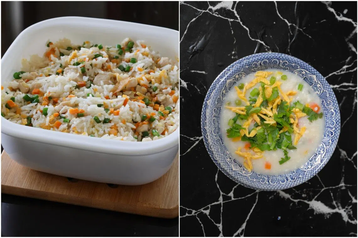 Madam Ho Lay Oon's Chicken Breast & Mixed Vegetable Fried Rice (left), and Madam Rahimah Maarof's burbur  lambuk.