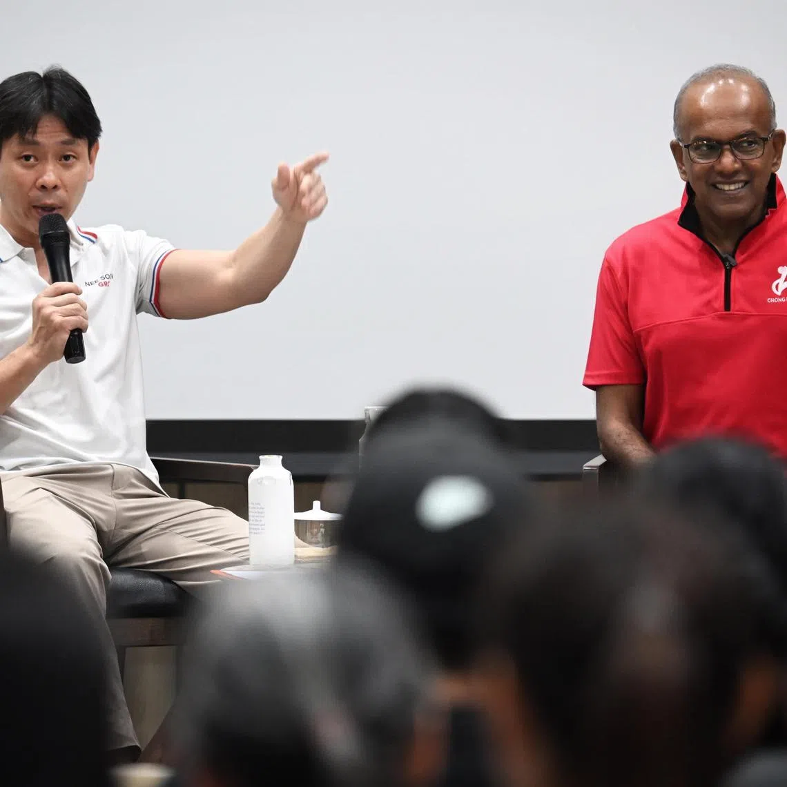 Slug: elanimal14
ST PHOTO: Chong Jun Liang

From left: Louis Ng, MP for Nee Soon GRC and K. Shanmugam, Minister for Home Affairs and Law, fielding questions from participants at the Nee Soon Public Forum On Animal Welfare Policies on 14 July 2024, Sunday,
