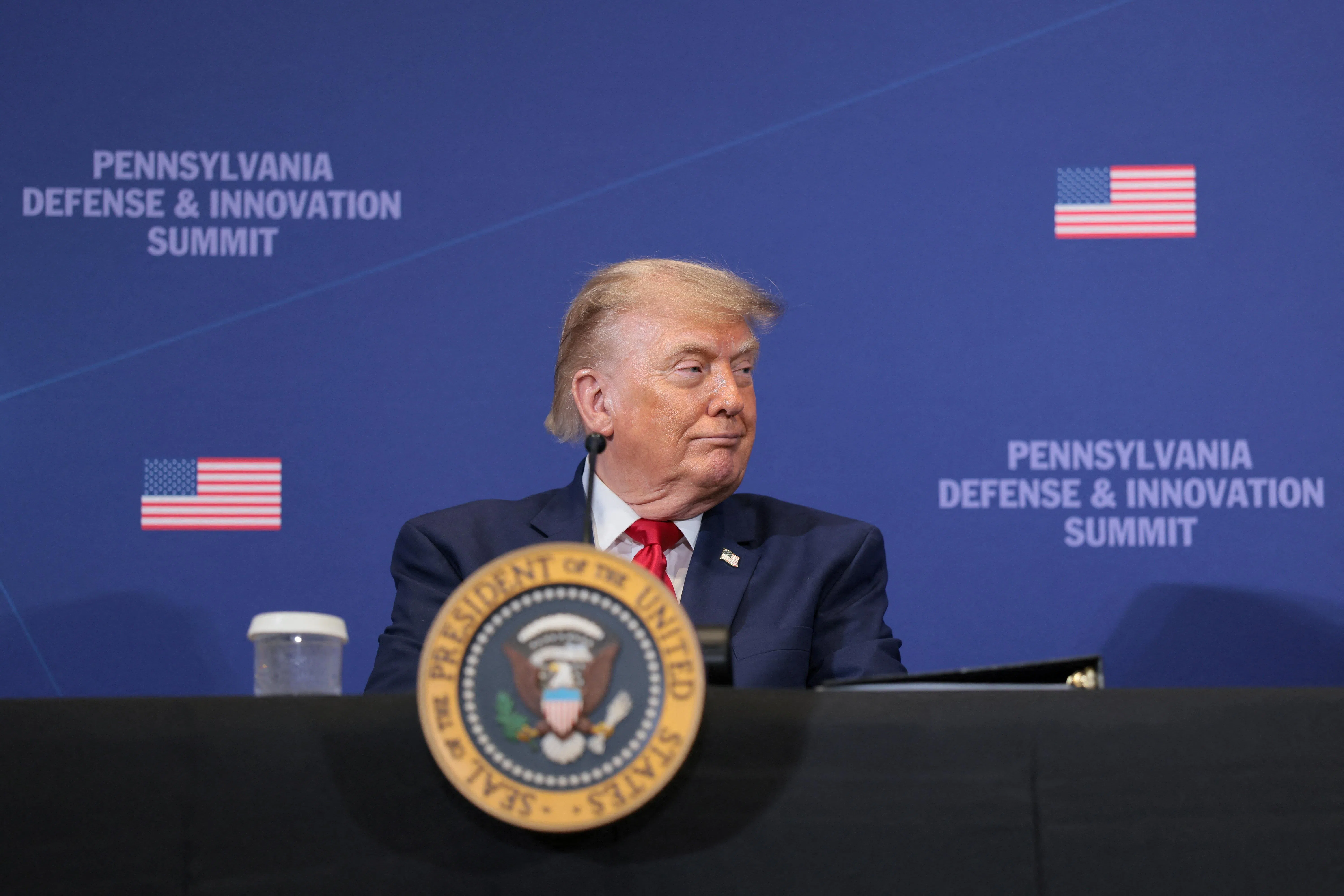 U.S. President Donald Trump looks on at the Pennsylvania Defense and Innovation Summit at the United States Army War College in Carlisle, Pennsylvania, U.S., July 15, 2026. REUTERS/Kylie Cooper