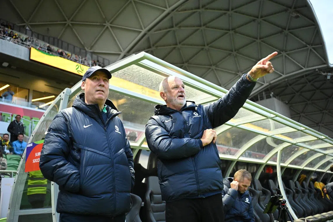 Australia head coach Graham Arnold (second from left) during the World Cup qualifier between his side and Bangladesh.