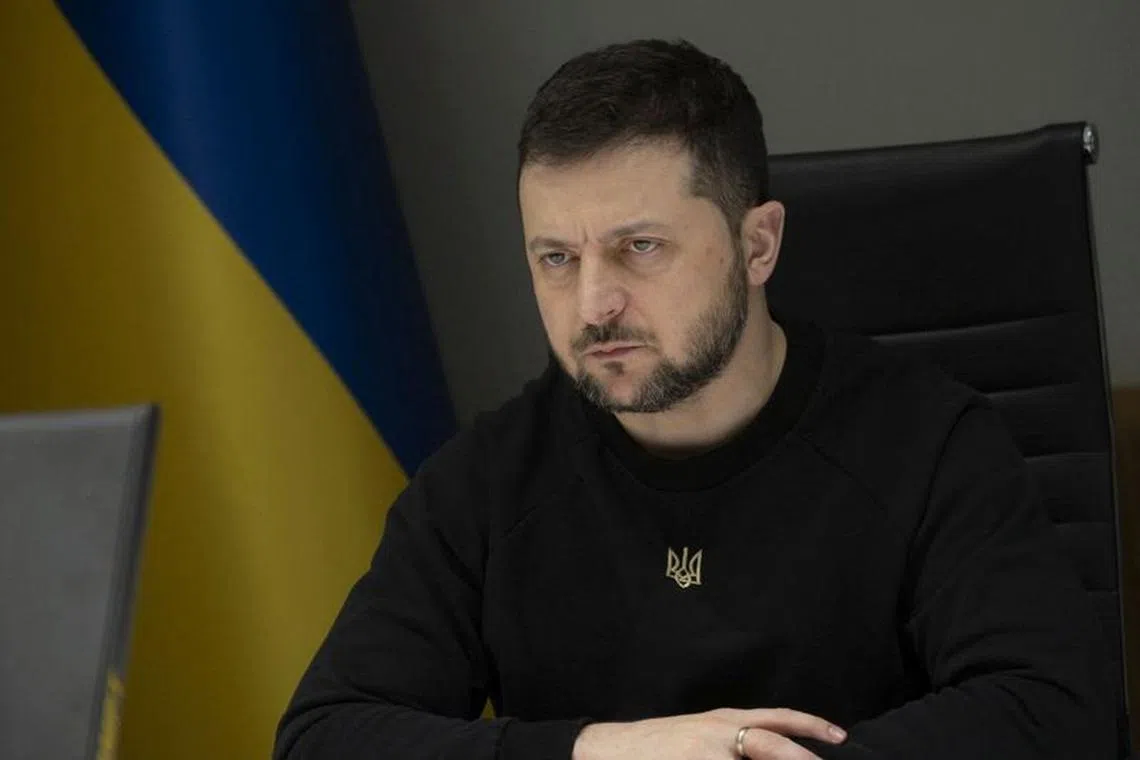 Ukraine's President Volodymyr Zelenskiy speaks via video link during a meeting of ministers of defence at Ramstein Air Base in Germany to discuss how to help Ukraine defend itself, amid Russia's attack on Ukraine continues, in Kyiv, Ukraine January 20, 2023./File photo