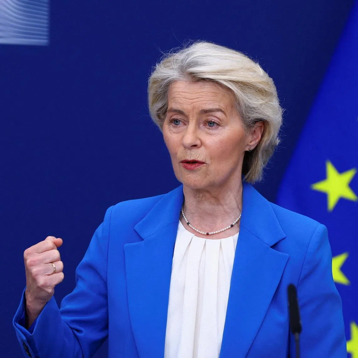 European Commission President Ursula von der Leyen speaks at a press conference in Brussels, Belgium, April 13, 2026. REUTERS/Yves Herman