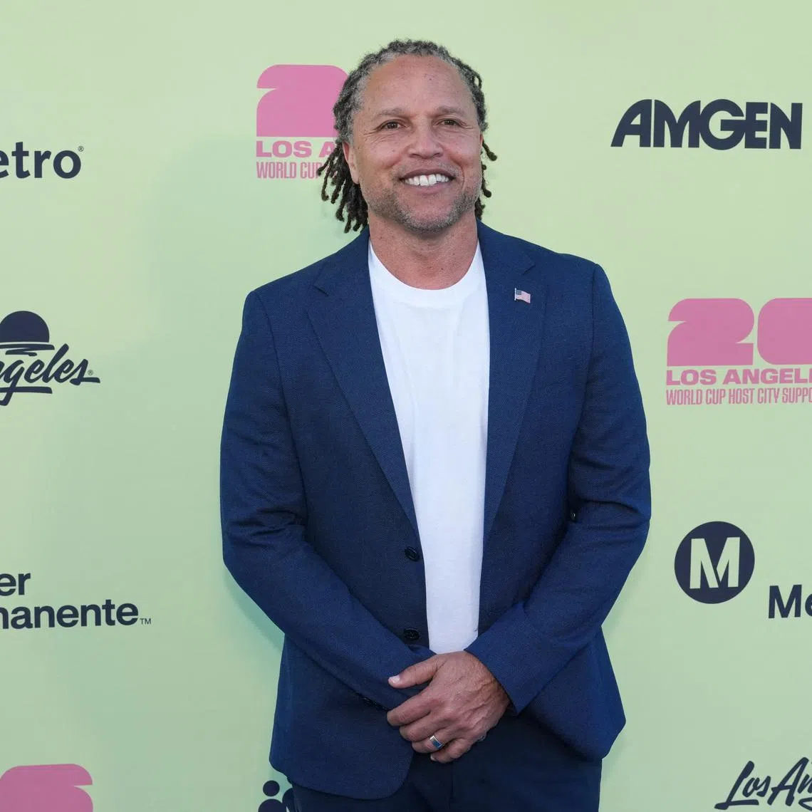 Jun 9, 2026; Los Angeles, CA, USA; Cobi Jones on the blue carpet for the World Cup 2026 Kickoff Party at LA Memorial Coliseum. Mandatory Cblueit: Kirby Lee-Imagn Images