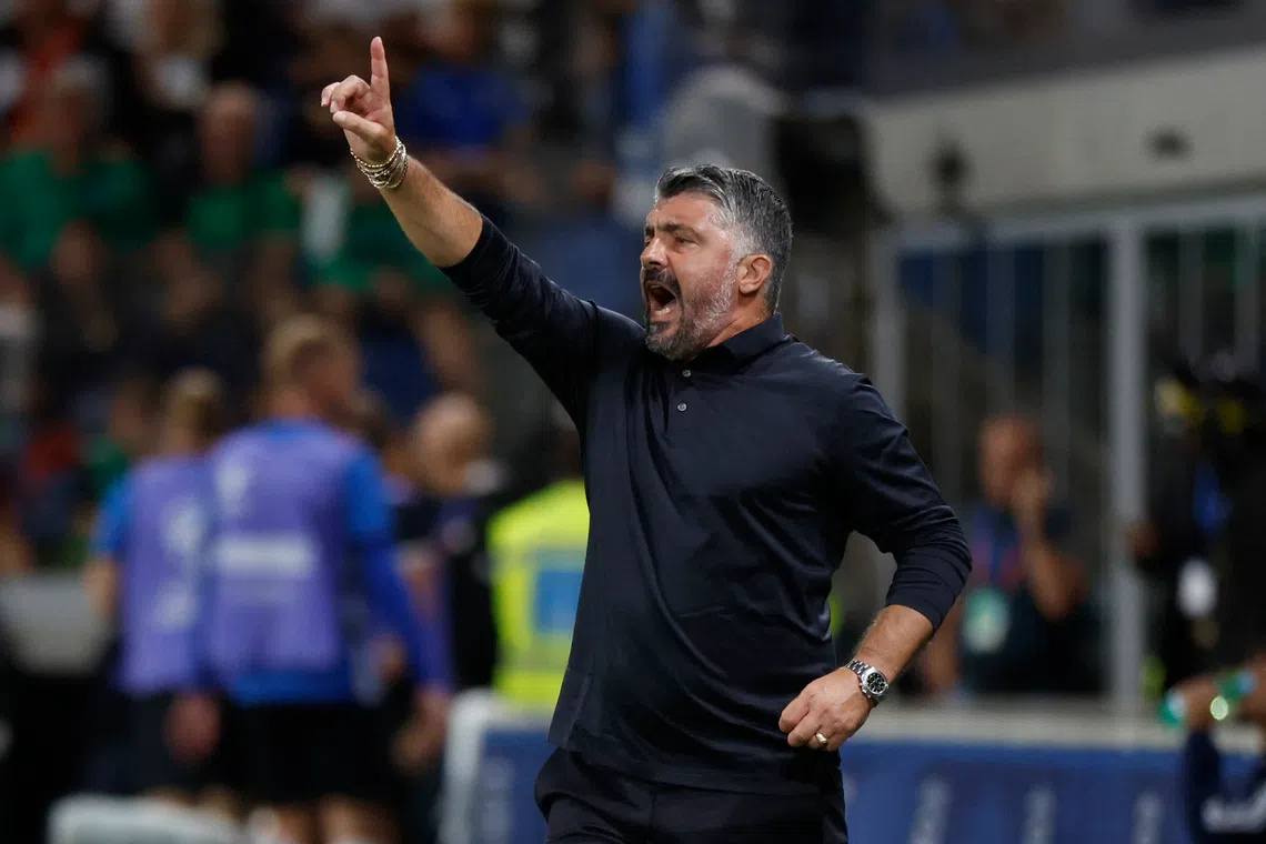 Soccer Football - World Cup - UEFA Qualifiers - Group I - Italy v Estonia - Gewiss Stadium, Bergamo, Italy - September 5, 2025 Italy coach Gennaro Gattuso reacts REUTERS/Alessandro Garofalo