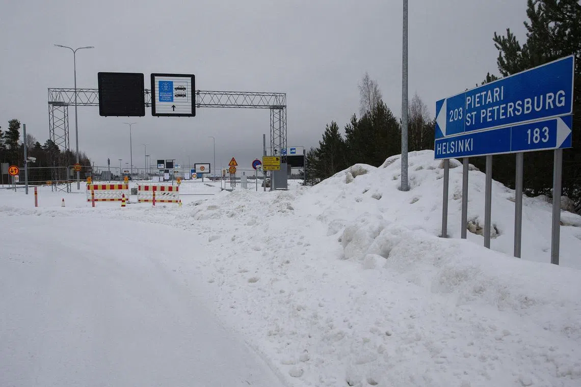 Barriers are placed at the closed Vaalimaa border check point between Finland and Russia on Jan 14.