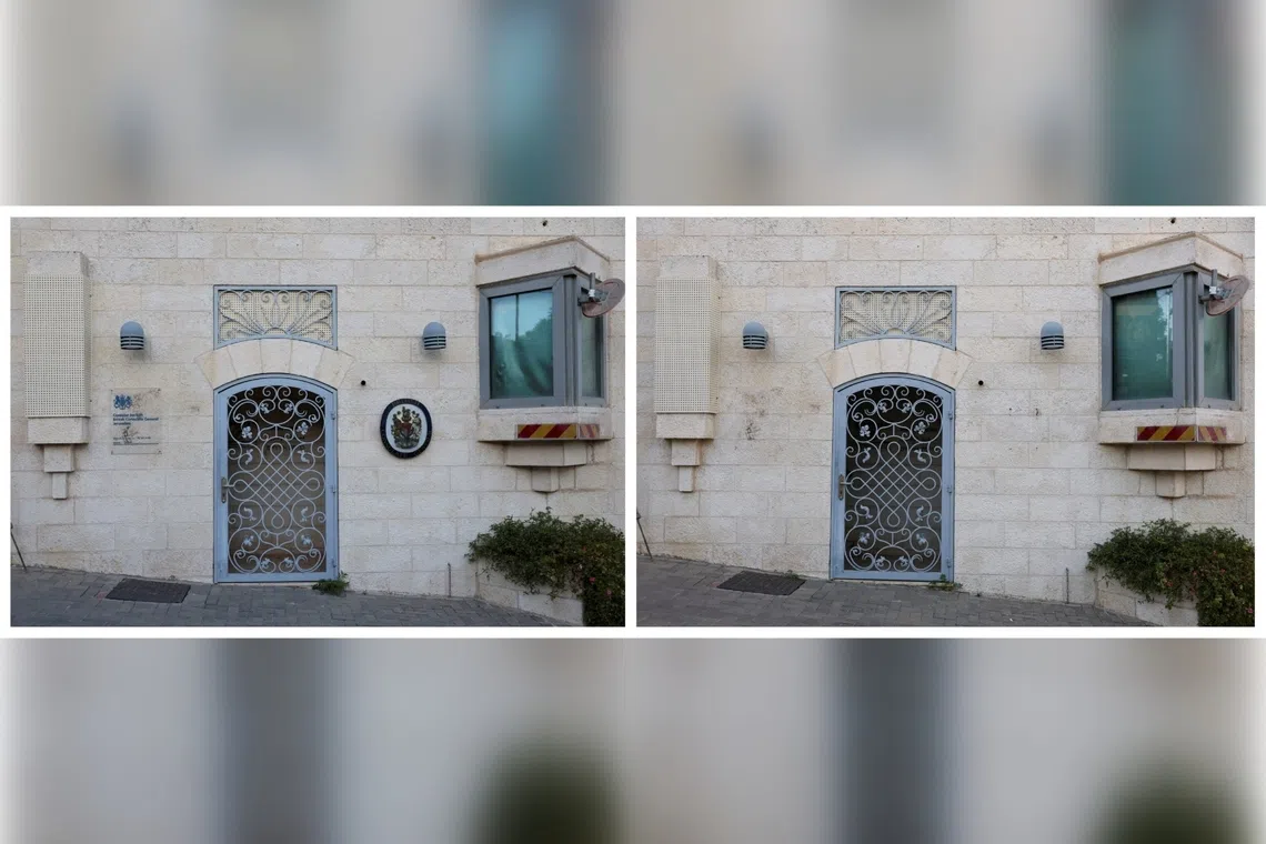The British consulate in East Jerusalem seen on Sept 9 (left), and with signage removed on Oct 8.