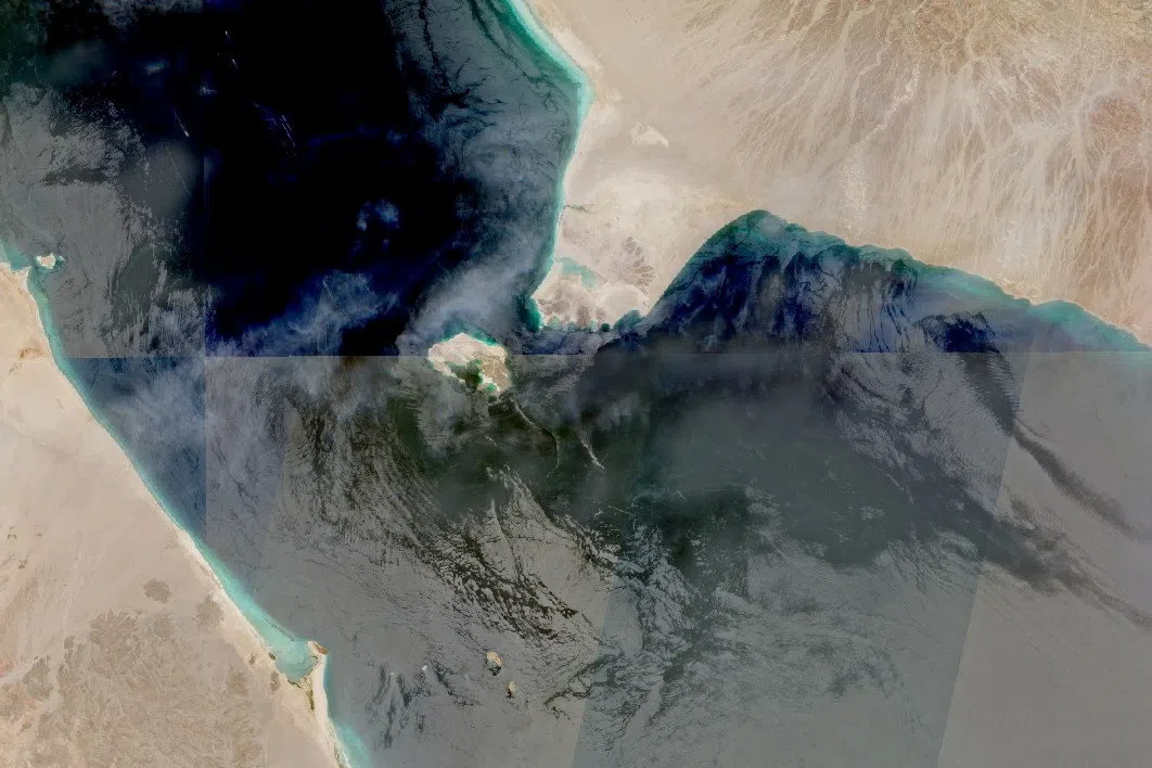 A satellite image showing Bab el Mandeb Strait, a key shipping waterway and the gateway to the Red Sea threatened by Yemen’s Iran-aligned Houthi militants.