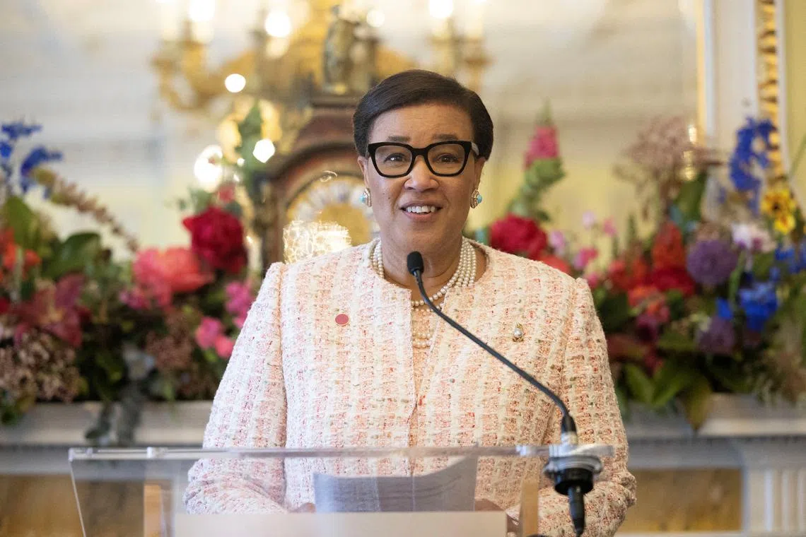 FILE PHOTO: Commonwealth Secretary-General, Patricia Scotland, Baroness Scotland of Asthal speaks to Commonwealth Leaders at Marlborough House, London, Britain, May 5, 2023. REUTERS/Anna Gordon/Pool/File Photo