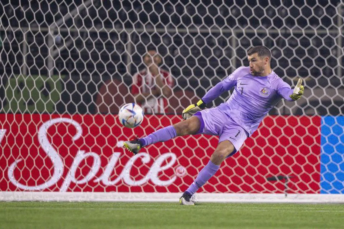 Sep 9, 2023; Arlington, TX, USA; Australia goalkeeper Mat Ryan (1) kicks the ball during the first half of the game against Mexico at AT&T Stadium. Mandatory Credit: Jerome Miron-USA TODAY Sports/File Photo