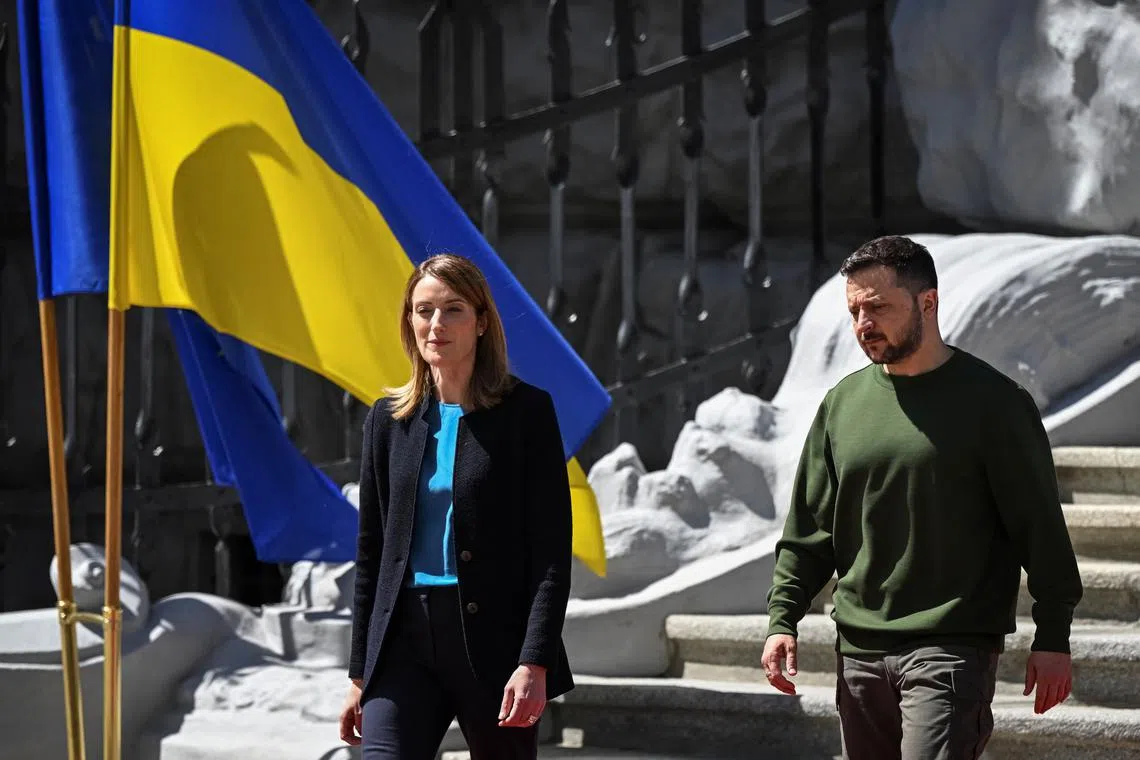 Ukraine's President Volodymyr Zelenskiy meets with European Parliament President Roberta Metsola, amid Russia's attack on Ukraine, in Kyiv, Ukraine May 9, 2024. REUTERS/Viacheslav Ratynskyi