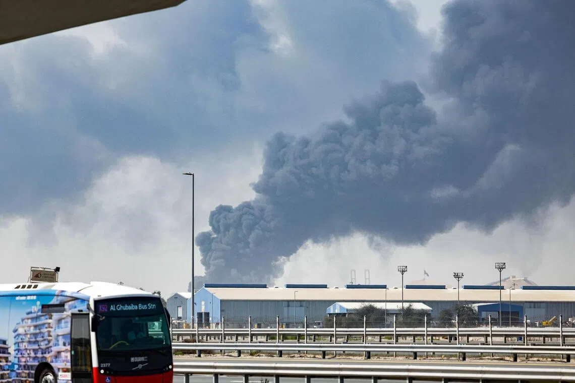 Smoke rising from the Jebel Ali port in Dubai after it was struck by debris from an intercepted Iranian missile on March 1.