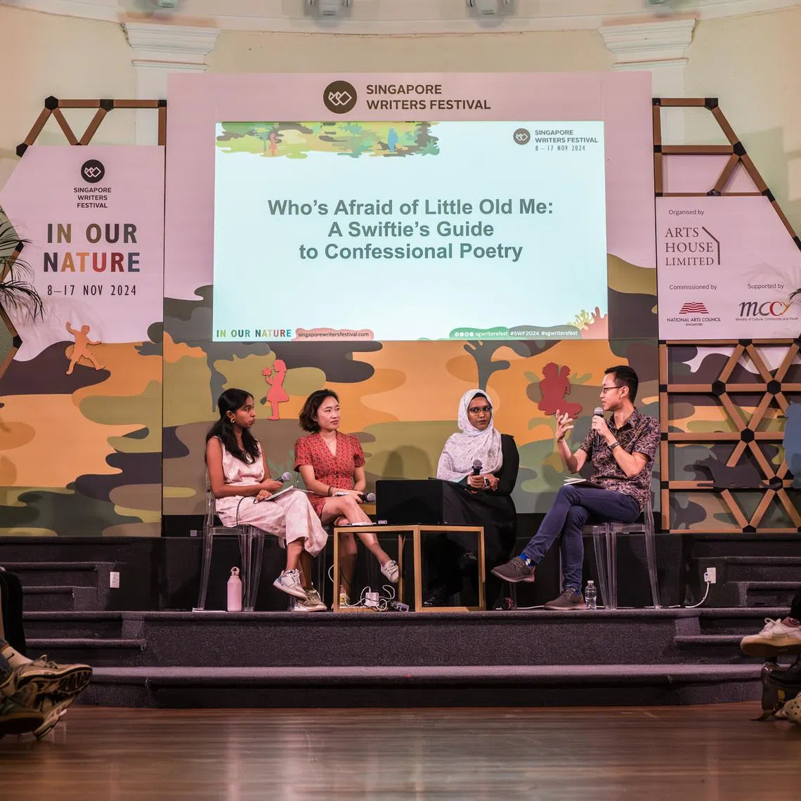 (From left) Moderator Czaana Saxena and poets Tan Lixin, Laili Abdeen and Theophilus Kwek talk about the authenticity of confessional poetry and Taylor Swift's lyrics.