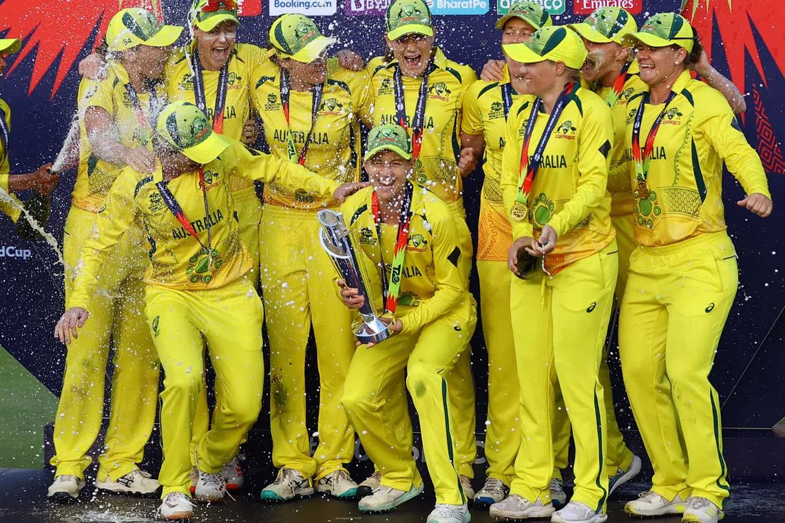 FILE PHOTO: Cricket - - Final - South Africa v Australia - Newlands Cricket Ground, Cape Town, South Africa - February 26, 2023 Australia's Meg Lanning celebrates with the trophy and teammates after winning the ICC Women’s Cricket T20 World Cup REUTERS/Siphiwe Sibeko/File photo