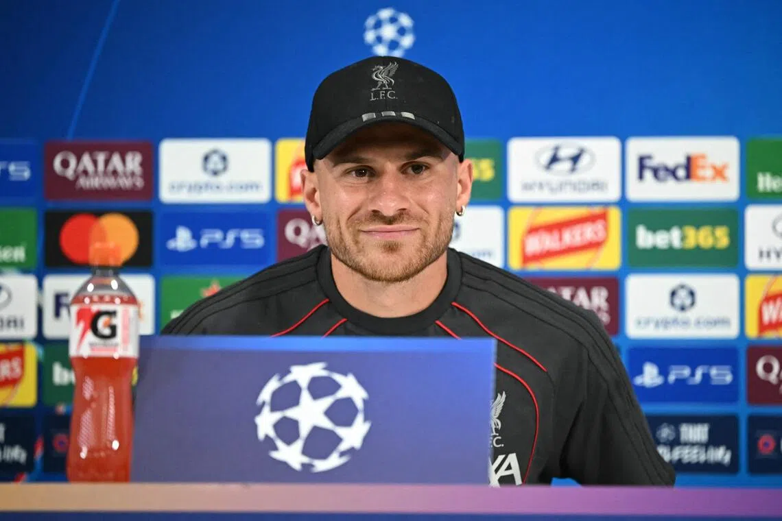 Liverpool’s Argentinian midfielder Alexis Mac Allister taking part in a press conference at Liverpool’s Anfield stadium on Sept 8.
