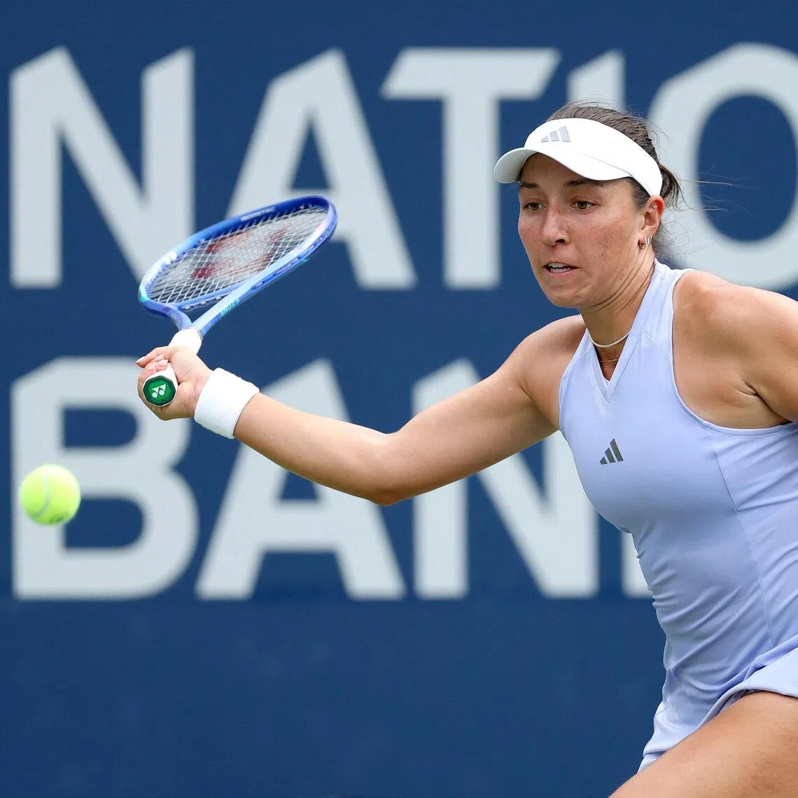 Jessica Pegula of the United States and world no. 3 returning a shot to Diana Shnaider at the Canadian Open on Aug 8.