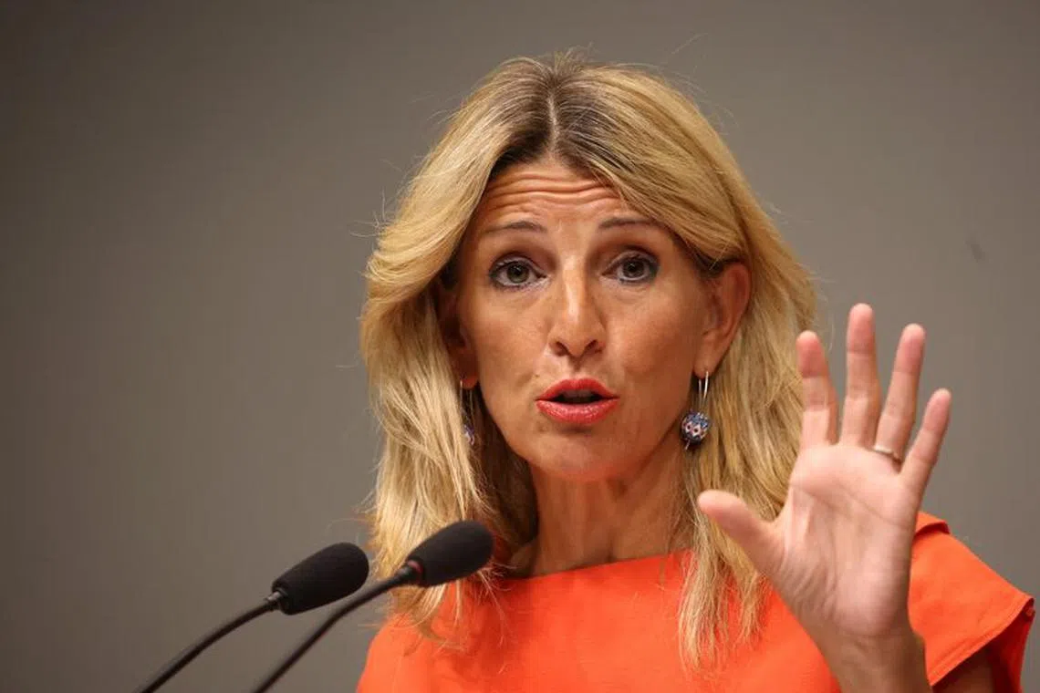 Soccer Football - Spanish Labour Minister meets representatives of the women's players' union FUTPRO - Madrid, Spain - August 28, 2023 Spain's Labour Minister Yolanda Diaz during a press conference after the meeting REUTERS/Isabel Infantes