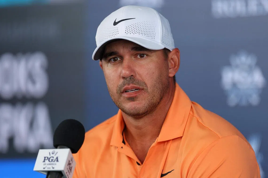LOUISVILLE, KENTUCKY - MAY 15: Brooks Koepka of the United States speaks to the media during a practice round prior to the 2024 PGA Championship at Valhalla Golf Club on May 15, 2024 in Louisville, Kentucky.   Andrew Redington/Getty Images/AFP (Photo by Andrew Redington / GETTY IMAGES NORTH AMERICA / Getty Images via AFP)