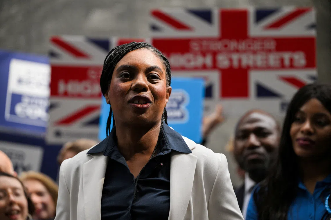 FILE PHOTO: Britain's Conservative Party leader Kemi Badenoch speaks to the press, as results in the local elections are being announced, outside Westminster City Hall in London, Britain, May 8, 2026. REUTERS/Chris J Ratcliffe/File Photo