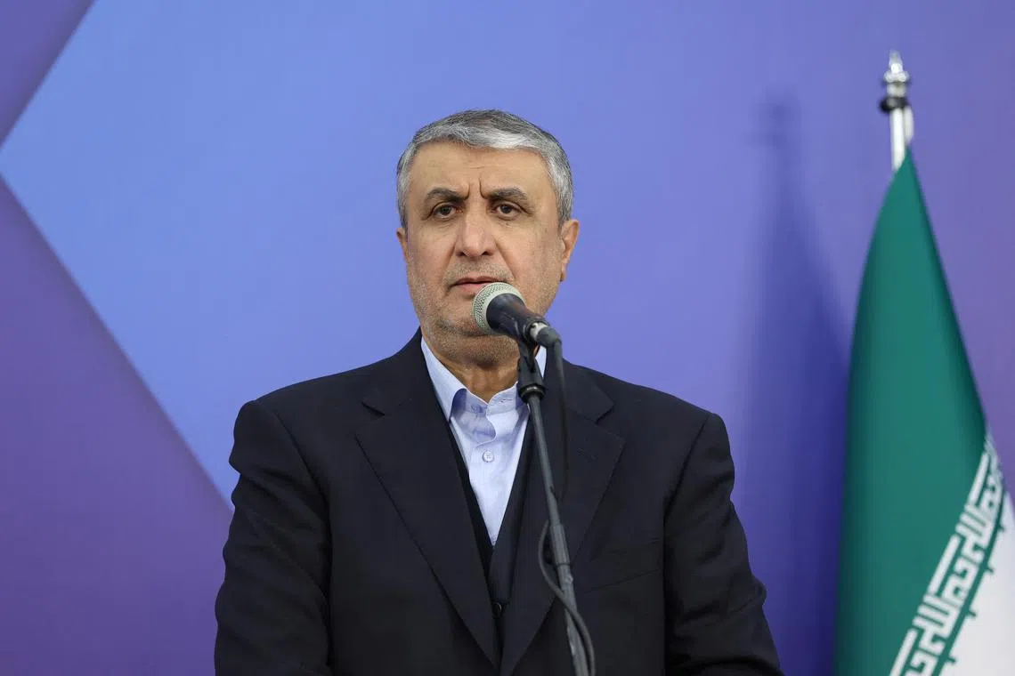 FILE PHOTO: Head of Iran's Atomic Energy Organization Mohammad Eslami speaks during a press conference with International Atomic Energy Agency (IAEA) Director General Rafael Mariano Grossi, in Tehran, Iran, November 14, 2024. Majid Asgaripour/WANA (West Asia press Agency) via REUTERS/File Photo