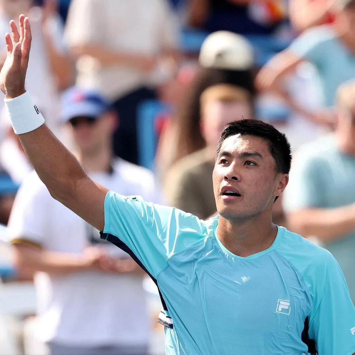 American Brandon Nakashima celebrating his win over Alex de Minaur of Australia on July 31.