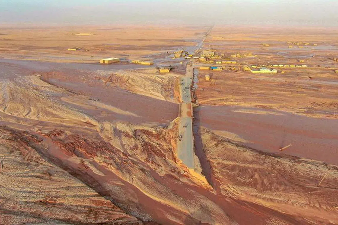FILE PHOTO: General view of flood water covering the area as a powerful storm and heavy rainfall hit Al-Mukhaili, Libya September 11, 2023, in this handout picture. Libya Al-Hadath/Handout via REUTERS