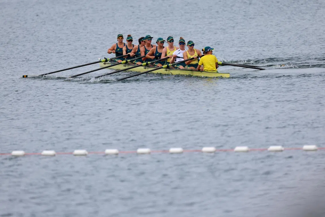 The Australian women's rowing eights team training at Vaires-sur-Marne Nautical Stadium in France on July 25, 2024. The coxswain is often undervalued and under-rated by people who are not familiar with the sport.
