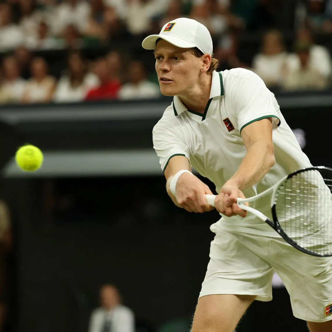 Jul 5, 2026; London, United Kingdom; Jannik Sinner (ITA) hits a backhand against Shintaro Mochizuki (JPN) (not pictured) on day seven of The Championships Wimbledon 2026 at All England Lawn Tennis and Croquet Club. Mandatory Credit: Geoff Burke-Imagn Images