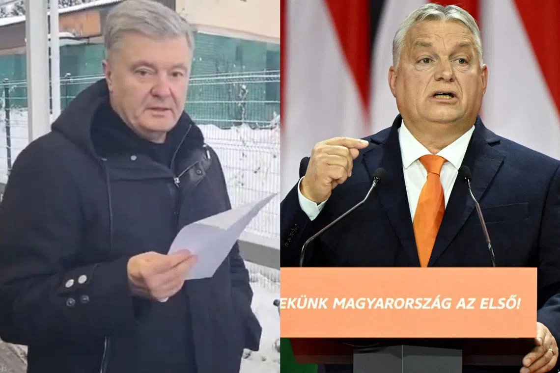 Mr Poroshenko videoed his efforts to leave Ukraine (left), for a trip which Kyiv says was a visit to pro-Russian Hungarian prime minister Viktor Orban.