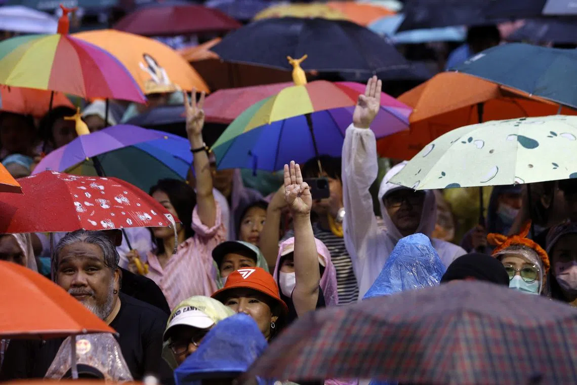 Pro-democracy protesters holding a rally after Thailand's Parliament blocked Mr Pita Limjaroenrat's prime ministerial bid, in Bangkok on July 23.