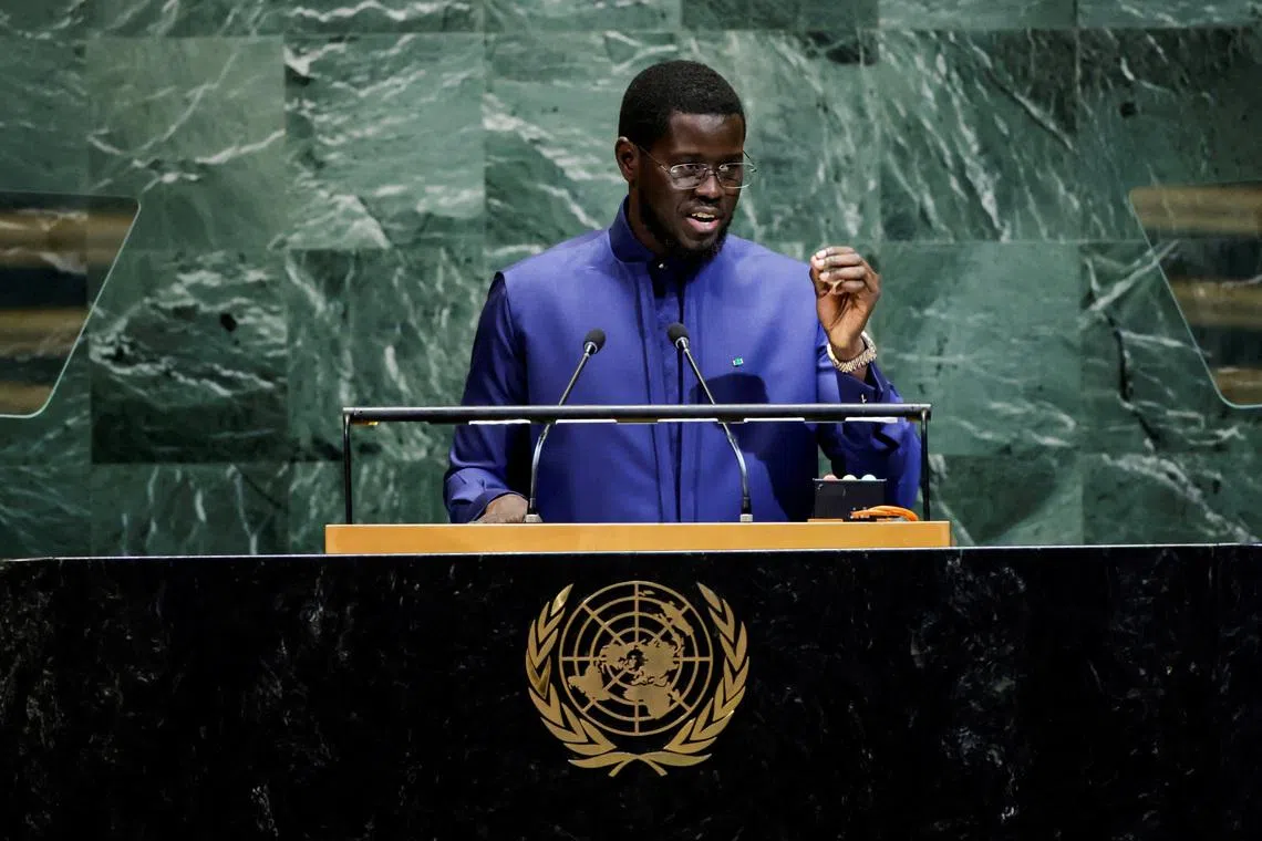 FILE PHOTO: Senegal's President Bassirou Diomaye Faye addresses the 80th United Nations General Assembly at U.N. headquarters in New York, U.S., September 24, 2025. REUTERS/Eduardo Munoz/File Photo