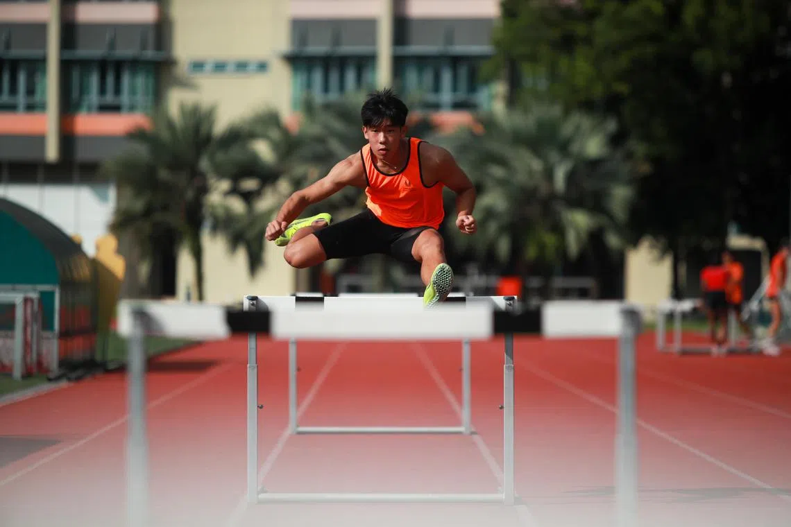 Singapore Sports School student-athlete Lucas Fun training for his pet event - the 110m hurdles - at the Singapore Sports School track.