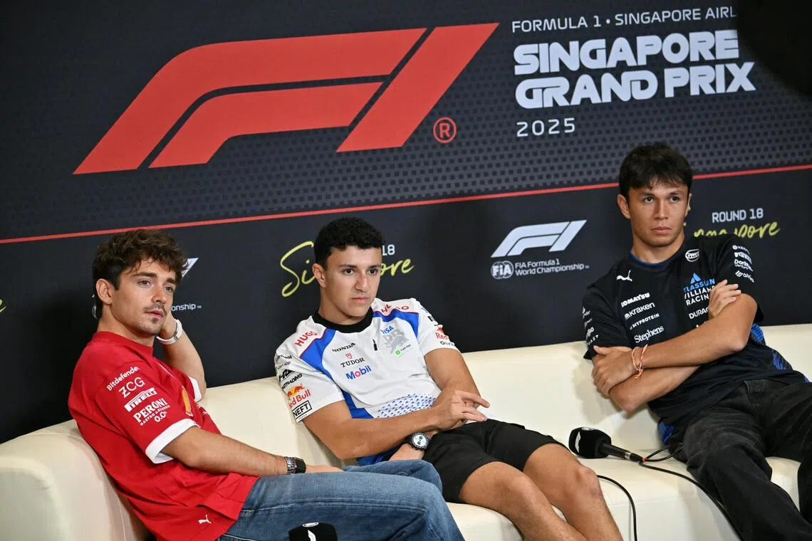 (From left) Charles Leclerc, Isack Hadjar and Alex Albon at a press conference at the F1 Pit Building on Oct 2.