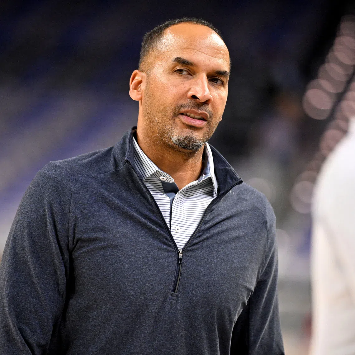 FILE PHOTO: Oct 6, 2025; Fort Worth, Texas, USA; Dallas Mavericks general manager Nico Harrison looks on before the game against the Oklahoma City Thunder at Dickie's Arena. Mandatory Credit: Jerome Miron-Imagn Images/File Photo