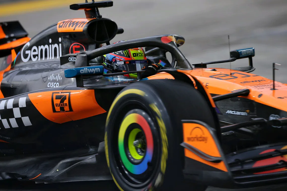 McLaren's Oscar Piastri in action during the final practice session of the 2025 Formula One Singapore Airlines Singapore Grand Prix at the Marina Bay Street Circuit on Oct 4, 2025. 