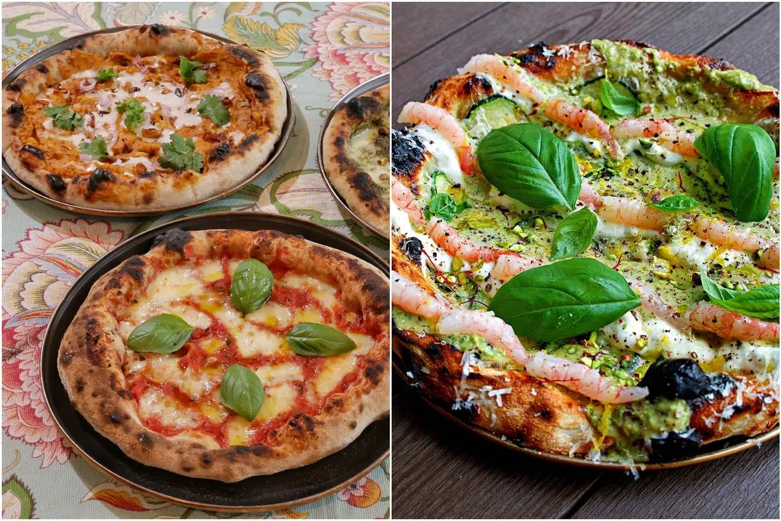 (From left) An otah pizza and margherita pizza made by Ms Sheralyn Tay, Amaebi pizza from Wala Pizza.
