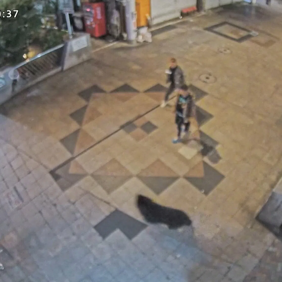 A screen grab from a surveillance footage shows a wild bear running past bystanders in a residential area in Utsunomiya, Tochigi Prefecture, on June 7.