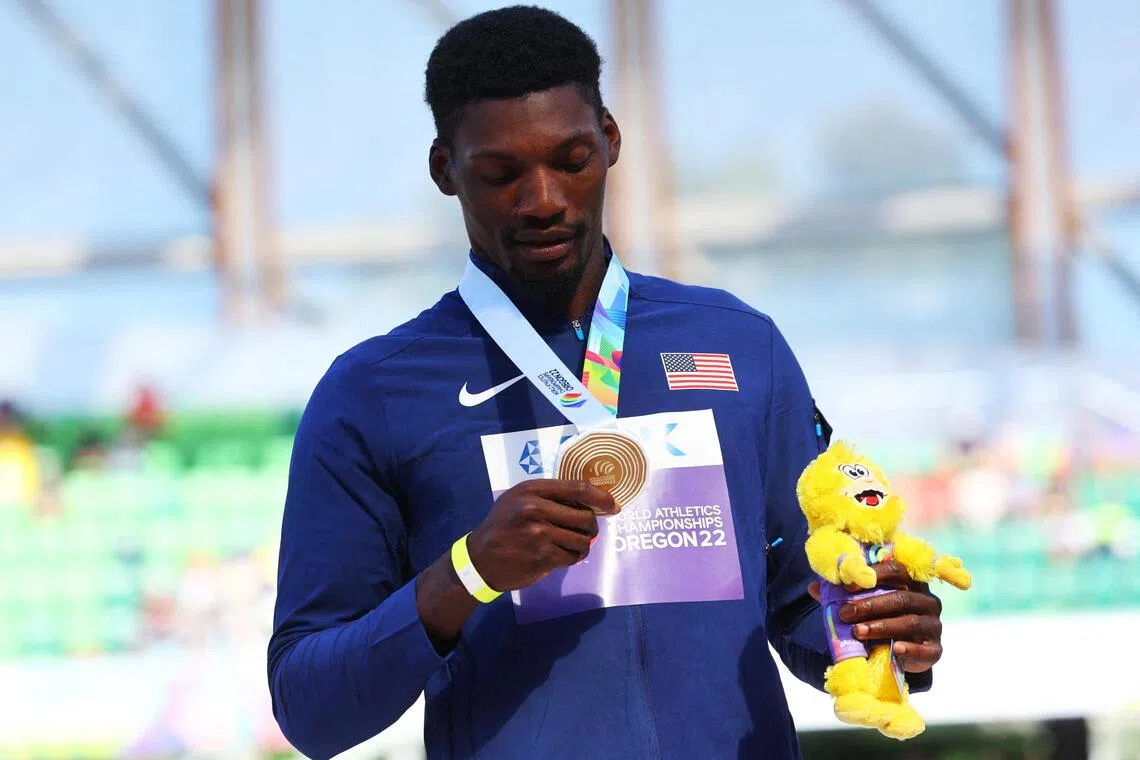 A 2022 photo shows the US' Fred Kerley with his gold medal for winning the men's 100 metres final.