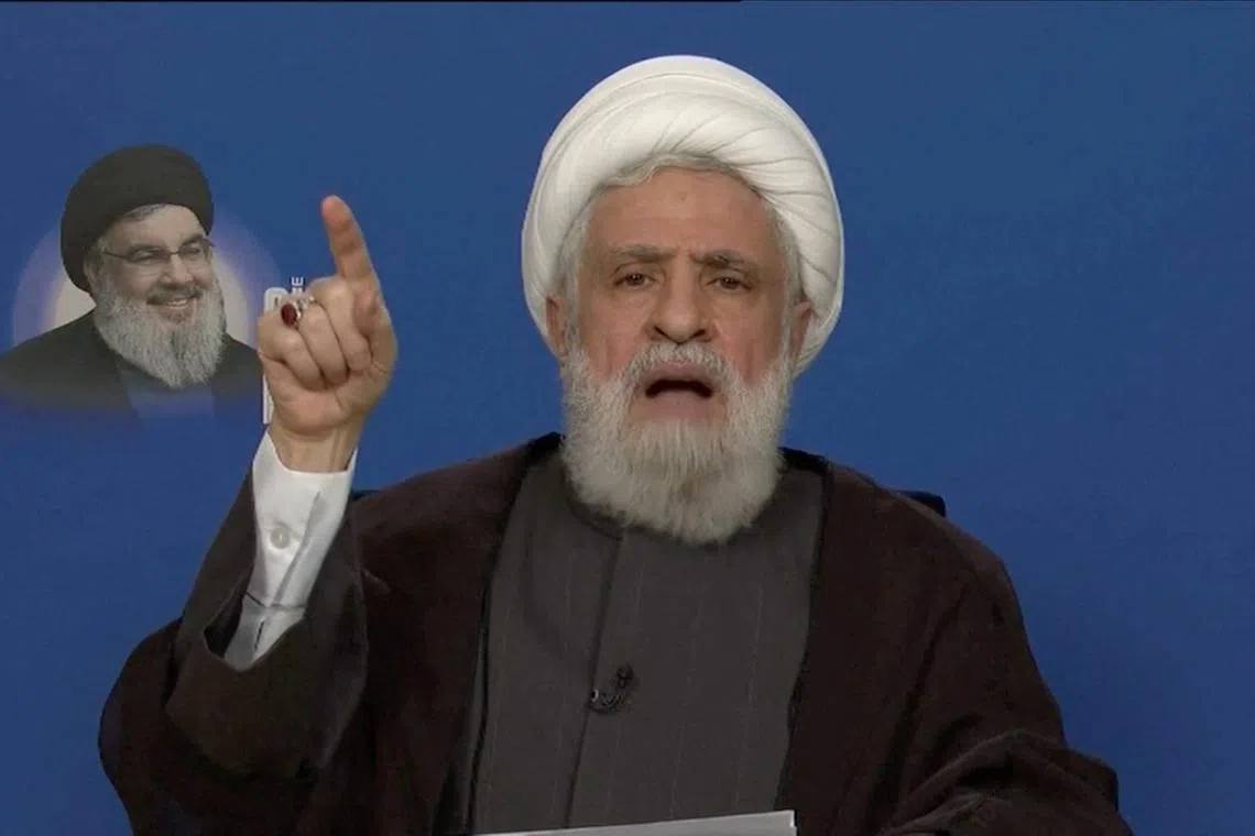 Lebanon's Hezbollah leader Sheikh Naim Qassem delivers an address from an unknown location, January 27, 2025 in this still image taken from a video. Al Manar TV/Reuters TV via REUTERS