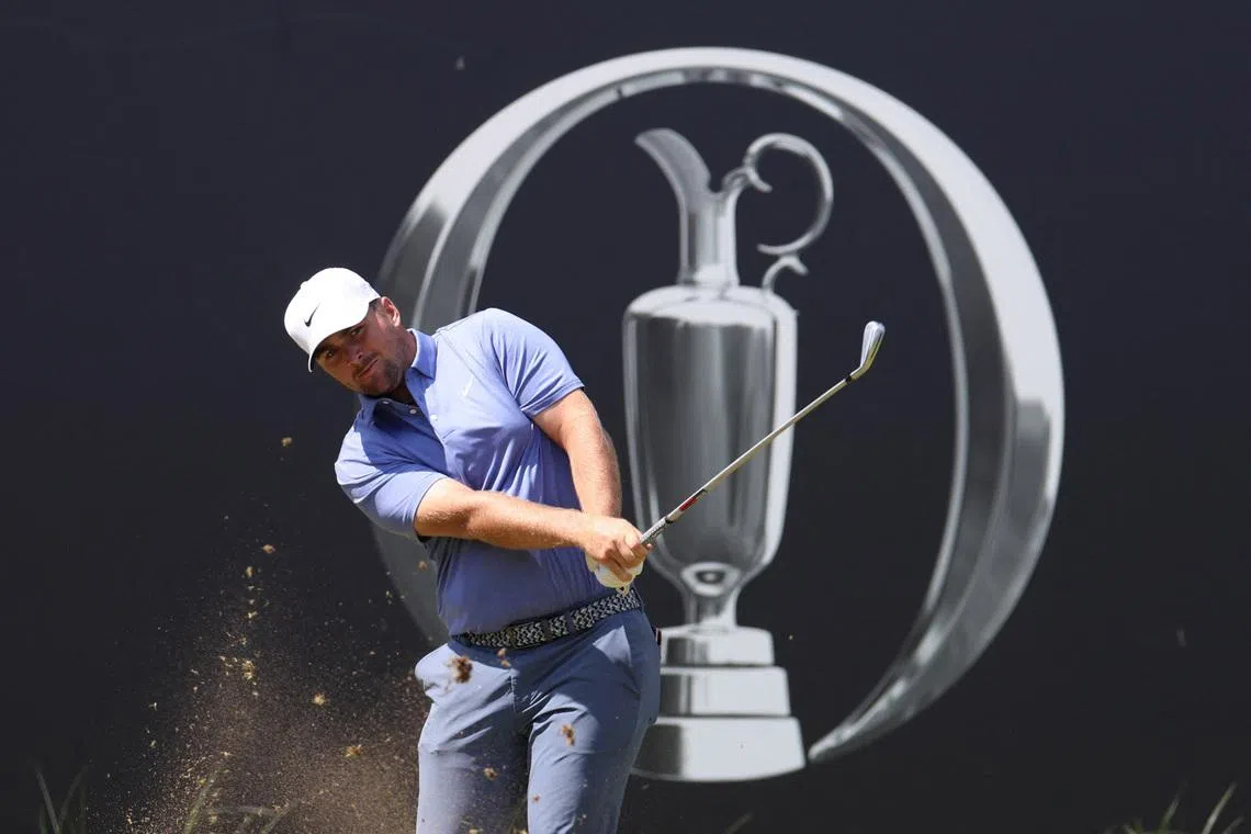 Golf - The 153rd Open Championship - Royal Portrush Golf Club, Portrush, Northern Ireland, Britain - July 20, 2025 Chris Gotterup of the U.S. hits his tee shot on the 1st hole during the final round REUTERS/Russell Cheyne