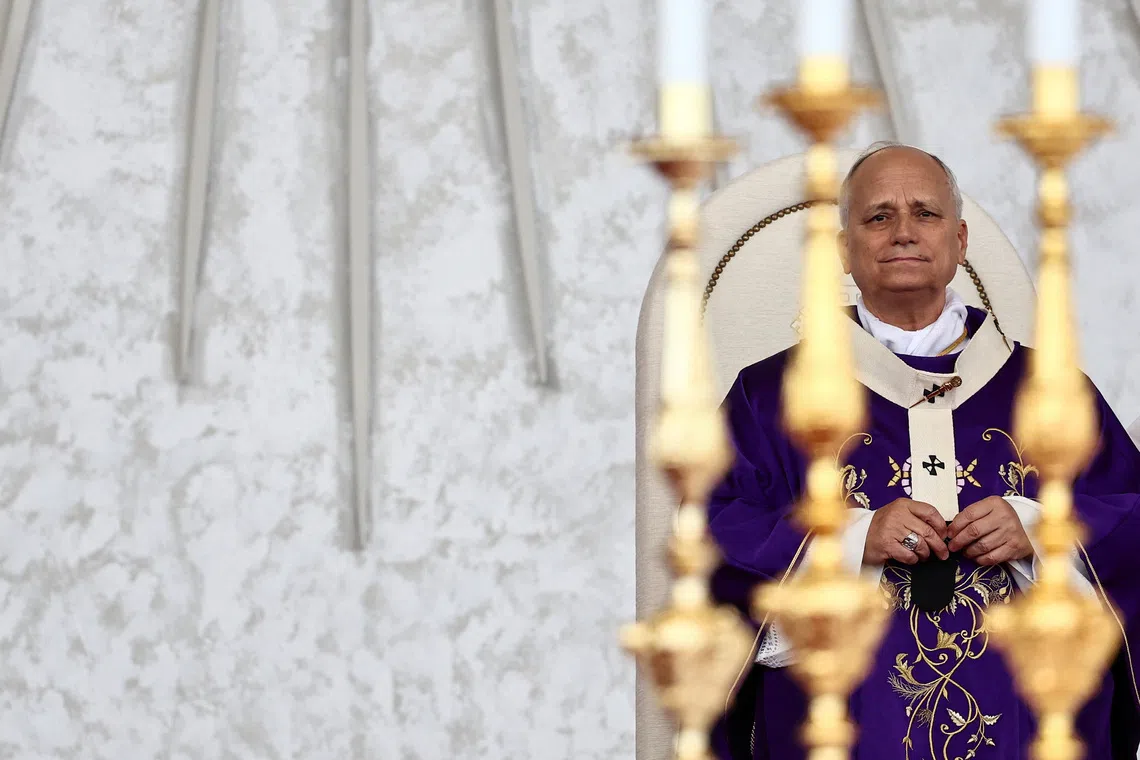 Pope Leo XIV looks on, on the day he presides over the Holy Mass at the Waterfront, during his first apostolic journey, in Beirut, Lebanon December 2, 2025. REUTERS/Yara Nardi