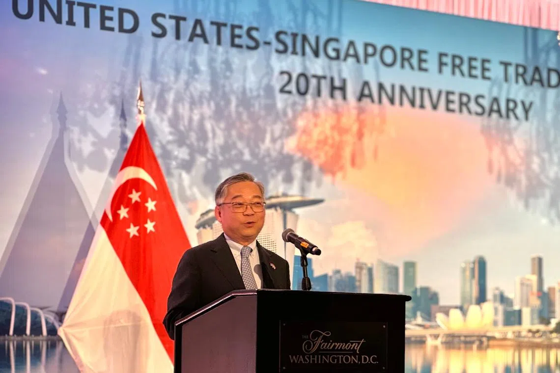Minister for Trade and Industry Gan Kim Yong delivering his speech at a reception to commemorate the 20th anniversary of the US-Singapore Free Trade Agreement in Washington on April 29.