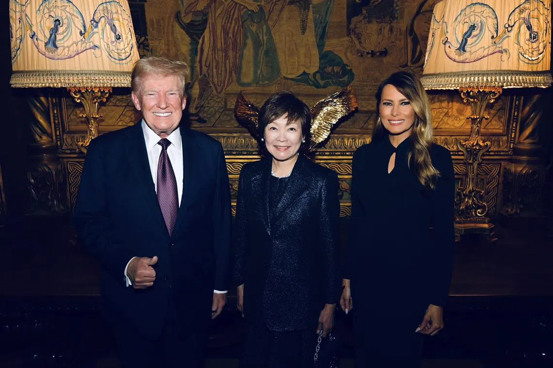 Mrs Abe stands between Melania and Trump, with the president-elect doing his characteristic thumbs-up pose