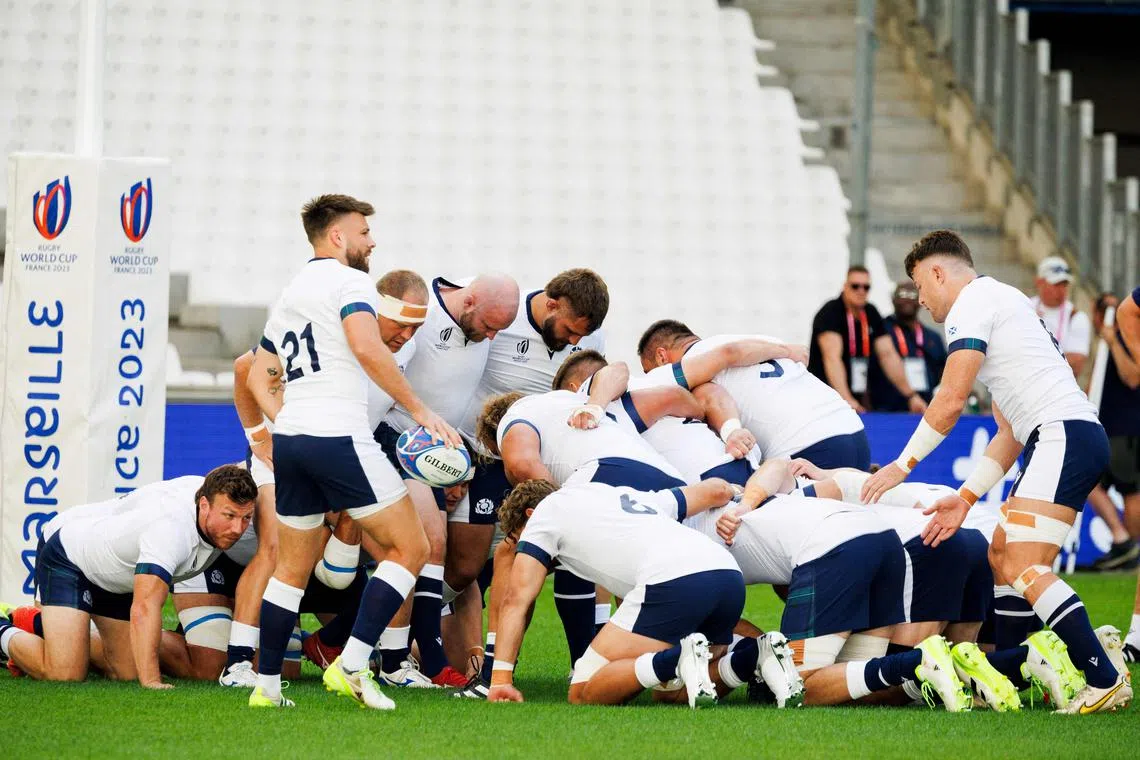 Scotland players take part in a training session at the Velodrome stadium in Marseille.