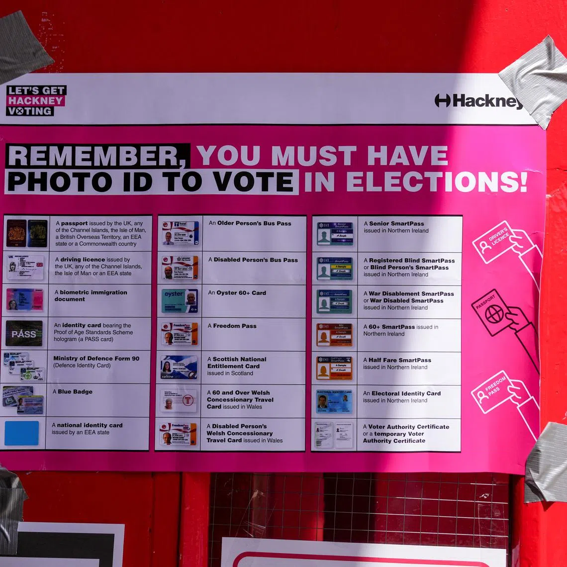 FILE PHOTO: A voter ID information sign is displayed at a polling station during the general election in London, Britain July 4, 2024. REUTERS/Maja Smiejkowska/File Photo
